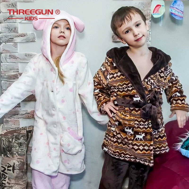 THREEGUN Kids детский банный халат фланелевый коричневого цвета для мальчиков зимняя