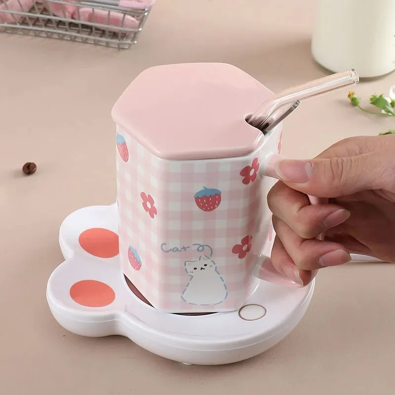 

400ml Cartoons Rabbit Coffee Mug Spoon With Lid Cute Animal Girl Gift Office Decorations Couple Milk Hexagonal Cup