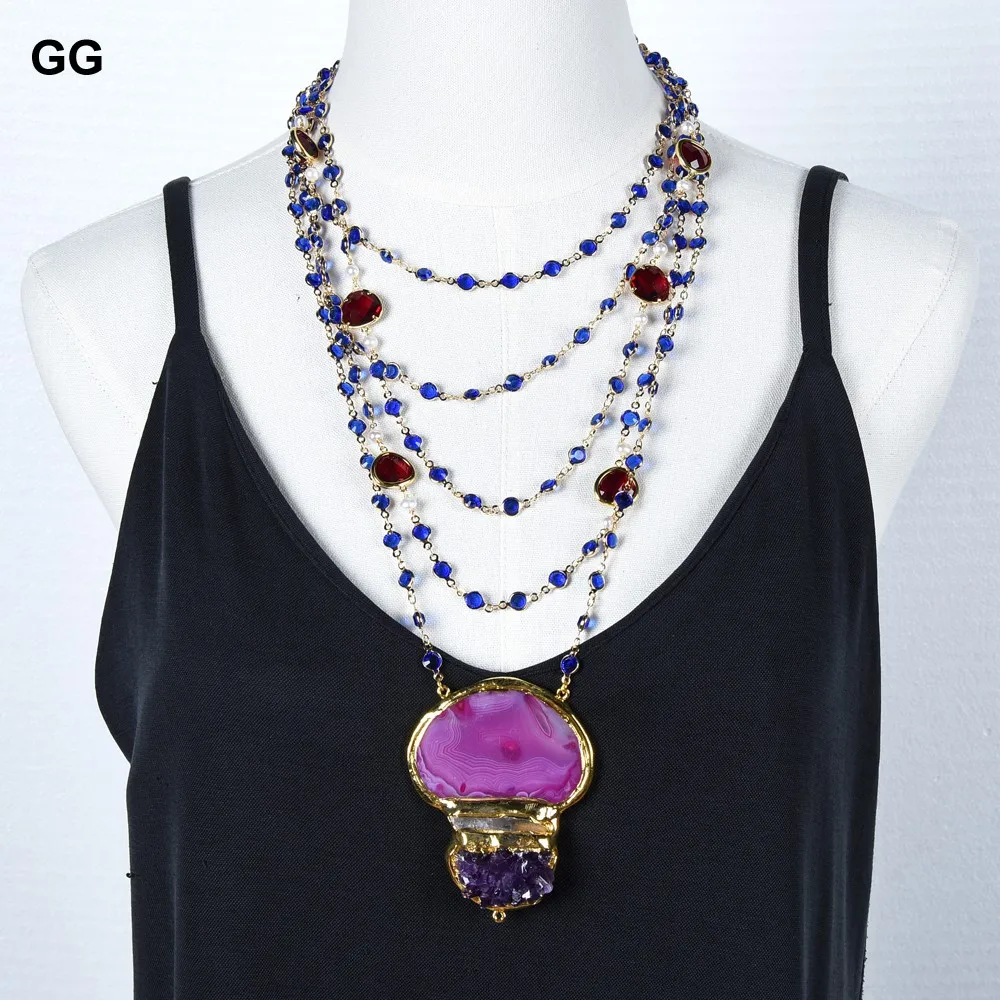

GG Jewelry 5 Rows Natural White Pearl Blue Red Crystal Chain Necklace Agates Pendant Handmade Vntage Party Style For Women