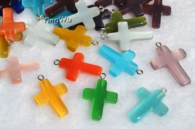 

Yingwu Wholesale 50pcs many colors cross opal stone cat eyes beads little charm pendant for necklace DIY jewelry making