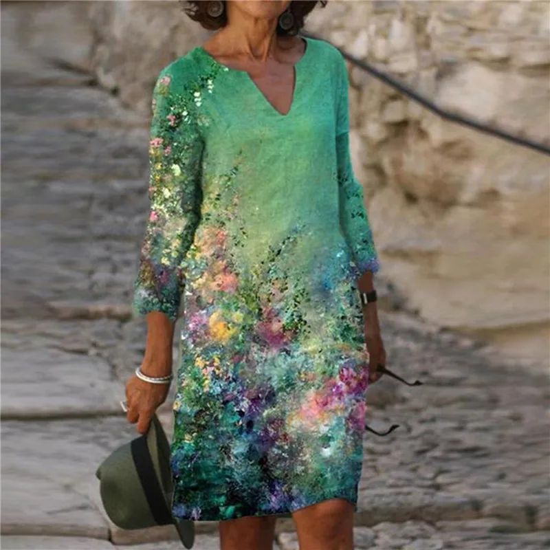 

2021 New Color Matching Printed Patchwork V-neck Loose Bamboo Retro Literary Round Neck Five-point Sleeve Plus Size Dress