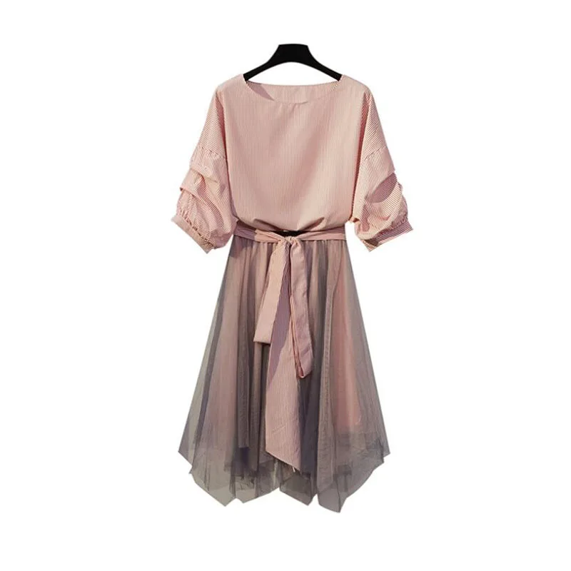 4XL Plus Size Women's Skirt Sets 2020 New Summer Casual Stripe Top &amp Chiffon Two Piece Set Lady Girl Elegant Suits |