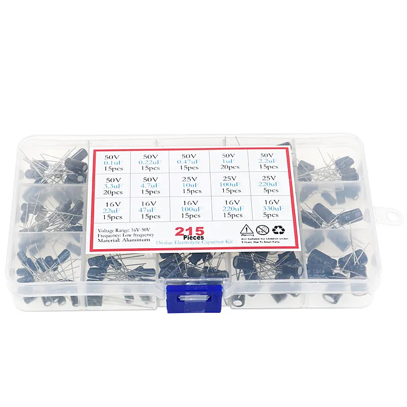 215 шт. набор смешанных электролитических конденсаторов 0 1 мкФ 330 Ф 15 значений с