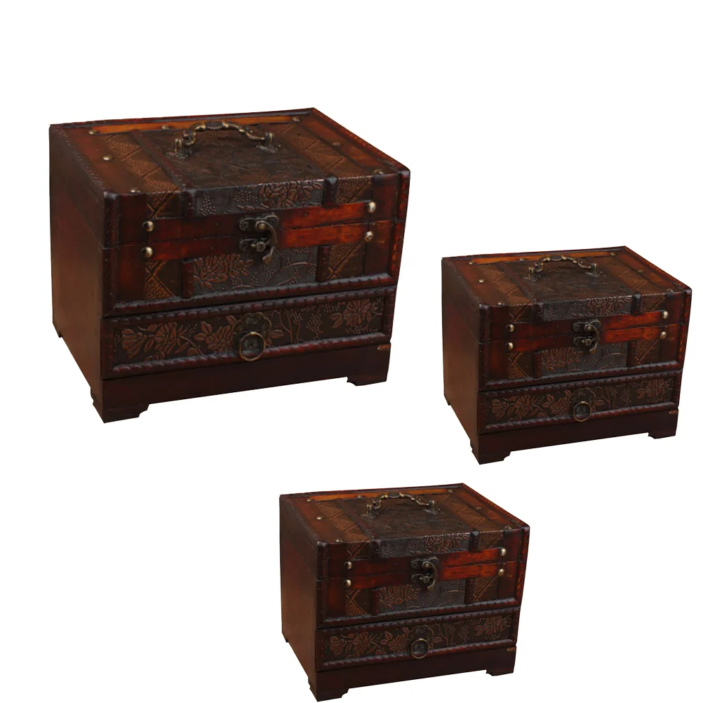 

1PC Retro Wooden Storage Box Cosmetic Desktop Jewelry Container with Mirror