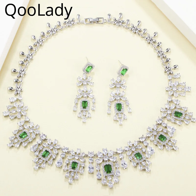 QooLady зеленый кубический цирконий винтажное ожерелье и длинные висячие серьги