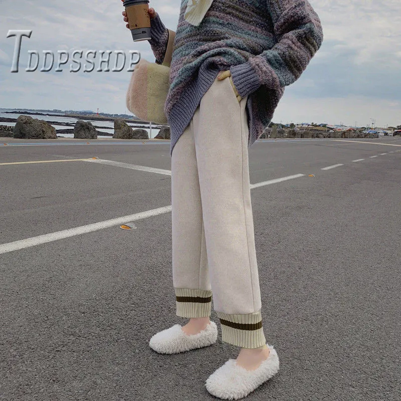 

2019 Autumn Winter Woolen Women Pants Korean Pocket Female Trousers