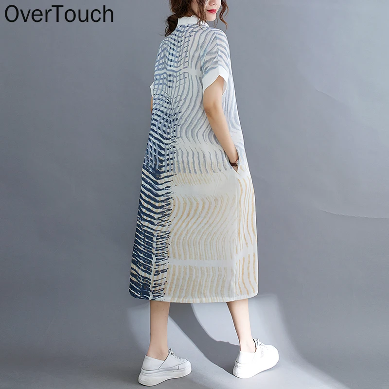 

2021 Plus Size Summer Shirt Dress Sundress Women Fashion Lady Dress Cotton Striped Printing Casual Short Sleeve Dresses