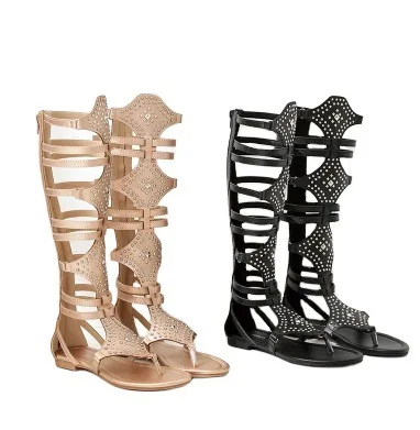

Fashion rivet flat Roman shoes high tube back zipper flat sandal