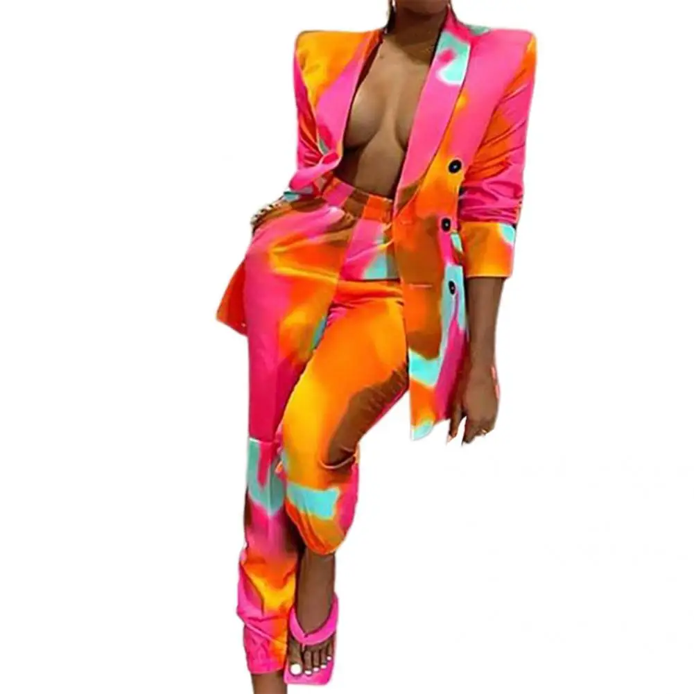 

2021 New Lady Blazer Suit Cardigan Colorful Printed Leisure Right Angle Shoulder Tie Dye Pants Suit for Autumn
