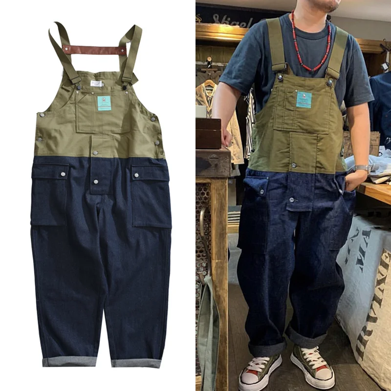 

Contrast Stitch Bib Overalls Trousers Mens Safari Cargo Work Pants Functional Multiple Pockets Denim Pant Coveralls Men Jeans