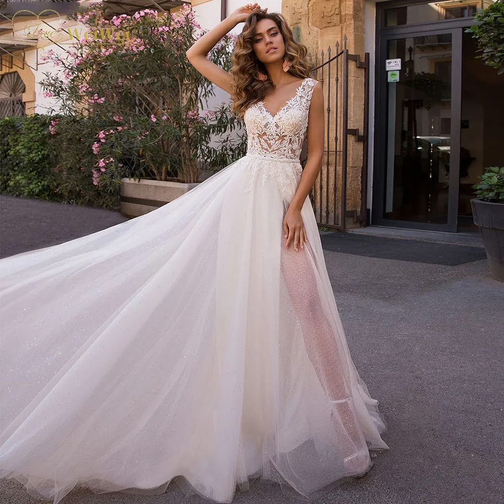 

Sparkle Wedding Dress Boho A-Line V-Neck Sleeveless Straps Floor Length Backless Beading Sash Lace Applique Vestidos De Novia