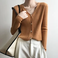autumn 2021 new korean knitted cardigan sweater womens short v neck slim solid color sweater coat female p829