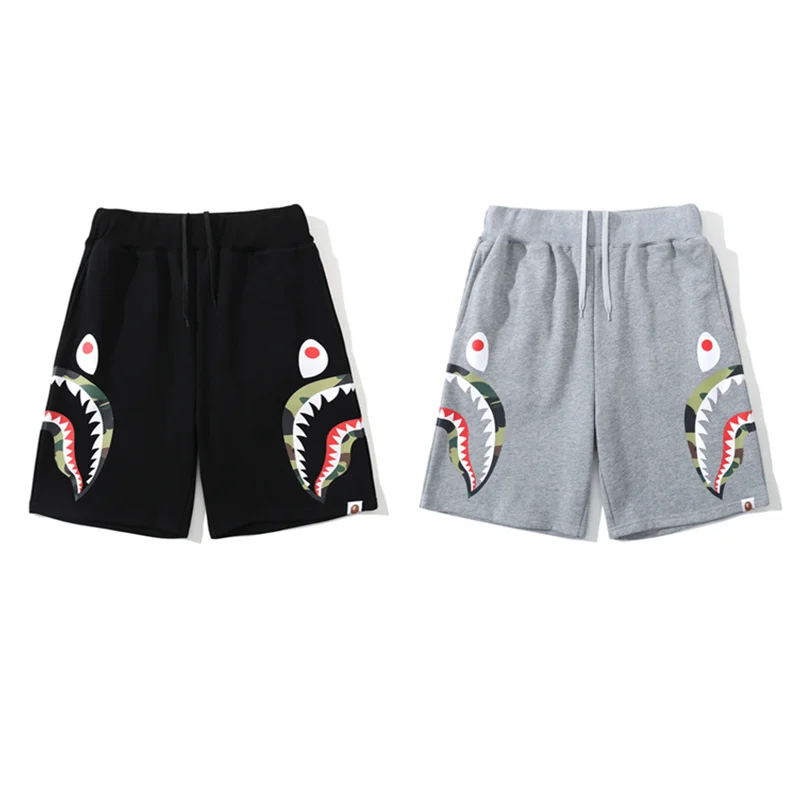 

double Bape side camouflage shark head sports shorts Harajuku Hip Hop High street Terry loose and comfortable Capris