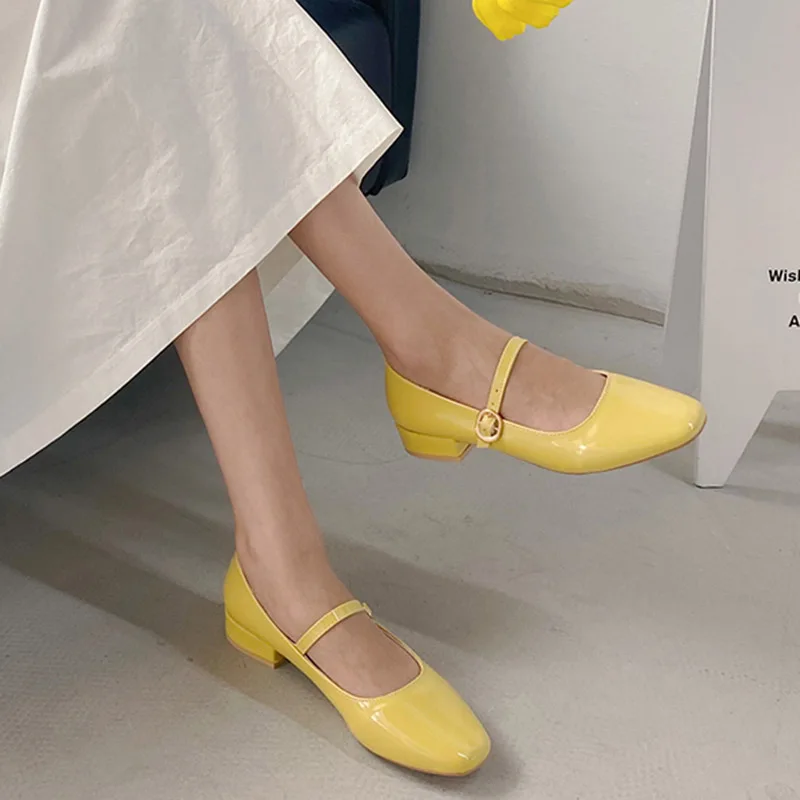

Women Mary Janes Shoes Patent Leather Low Heels Dress Shoes Square Toe Shallow Buckle Strap Girls Shoes