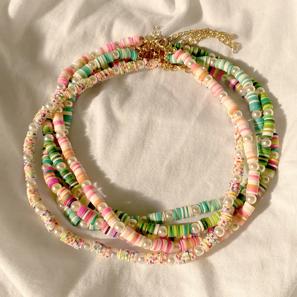 

JUST FEEL Rainbow Color Polymer Clay Beads Pearl Necklace For Women Handmade Beaded Choker Necklaces 2021 Trendy Jewelry Gifts