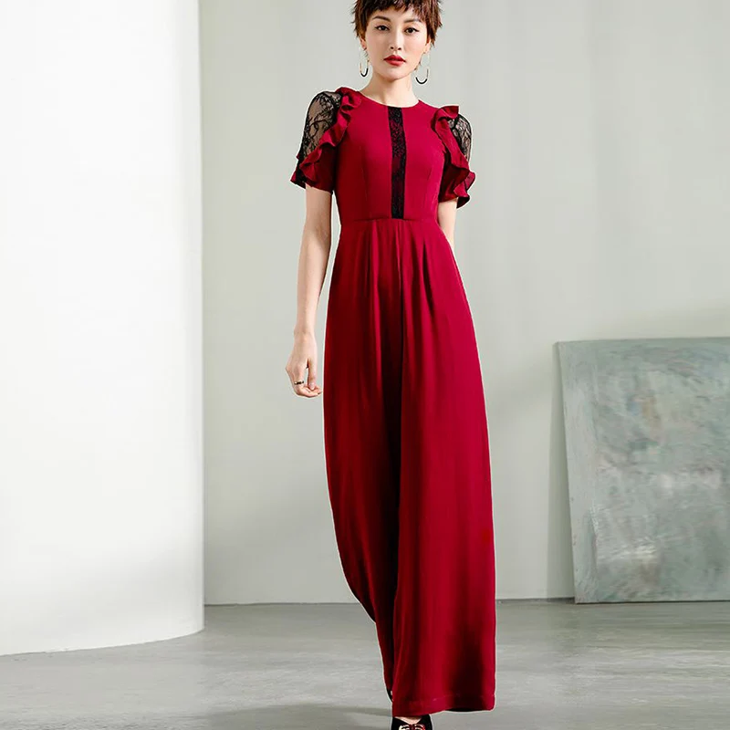 2020 Women Summer Party Jumpsuits Formal Chiffon Elegant Wide Leg Women Customize Lace Red Rompers Jumpsuit Plus Size 3XL 4XL