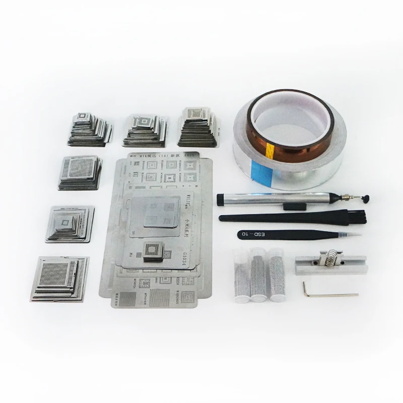 

Heated reballing jig Leaded solder ball Scraper Vacuum pen ESD tweezers brush Heated stencils 810pcs set Insulating tape