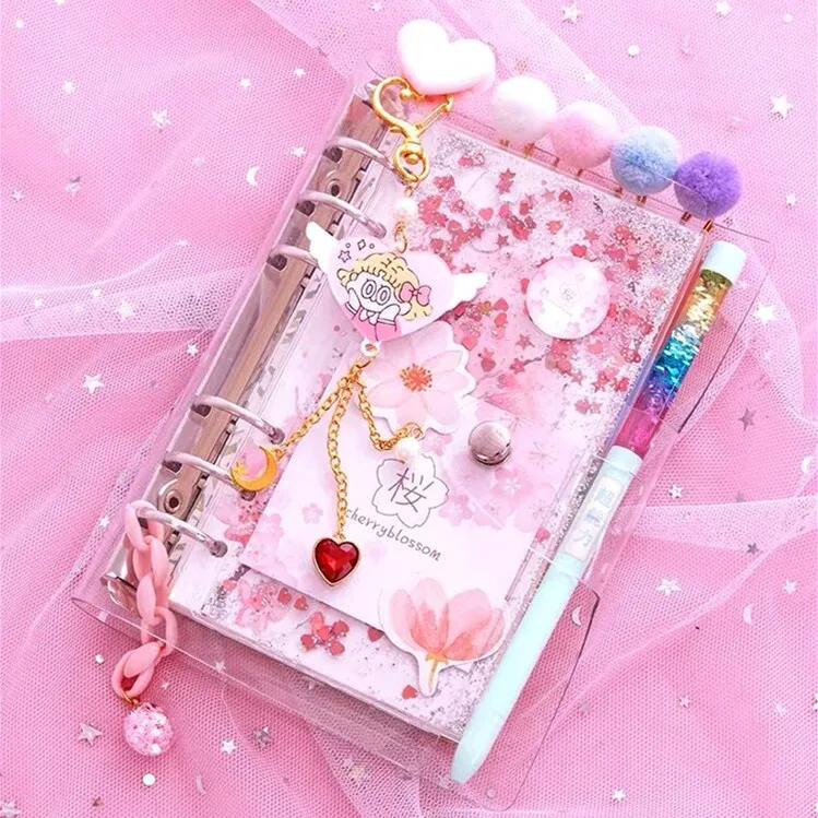 

Cartoon diary NoteBook Kawaii Bling Bling Cherry Blossoms A6 Loose Leaf Diary Journal Note Book Agenda Planner 160 Sheets
