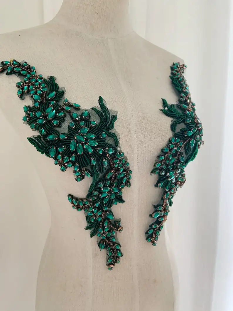 2021 Зеленый аппликация со стразами и бусинами лиф патч бисера Кружева Аппликация