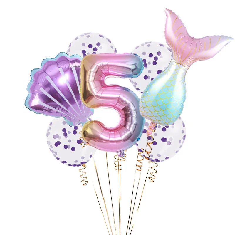 

7Pcs Mermaid Party Balloons 32inch Number Foil Balloon Kids Birthday Party Decoration Purple Confetti Ballon Baby Shower Decor