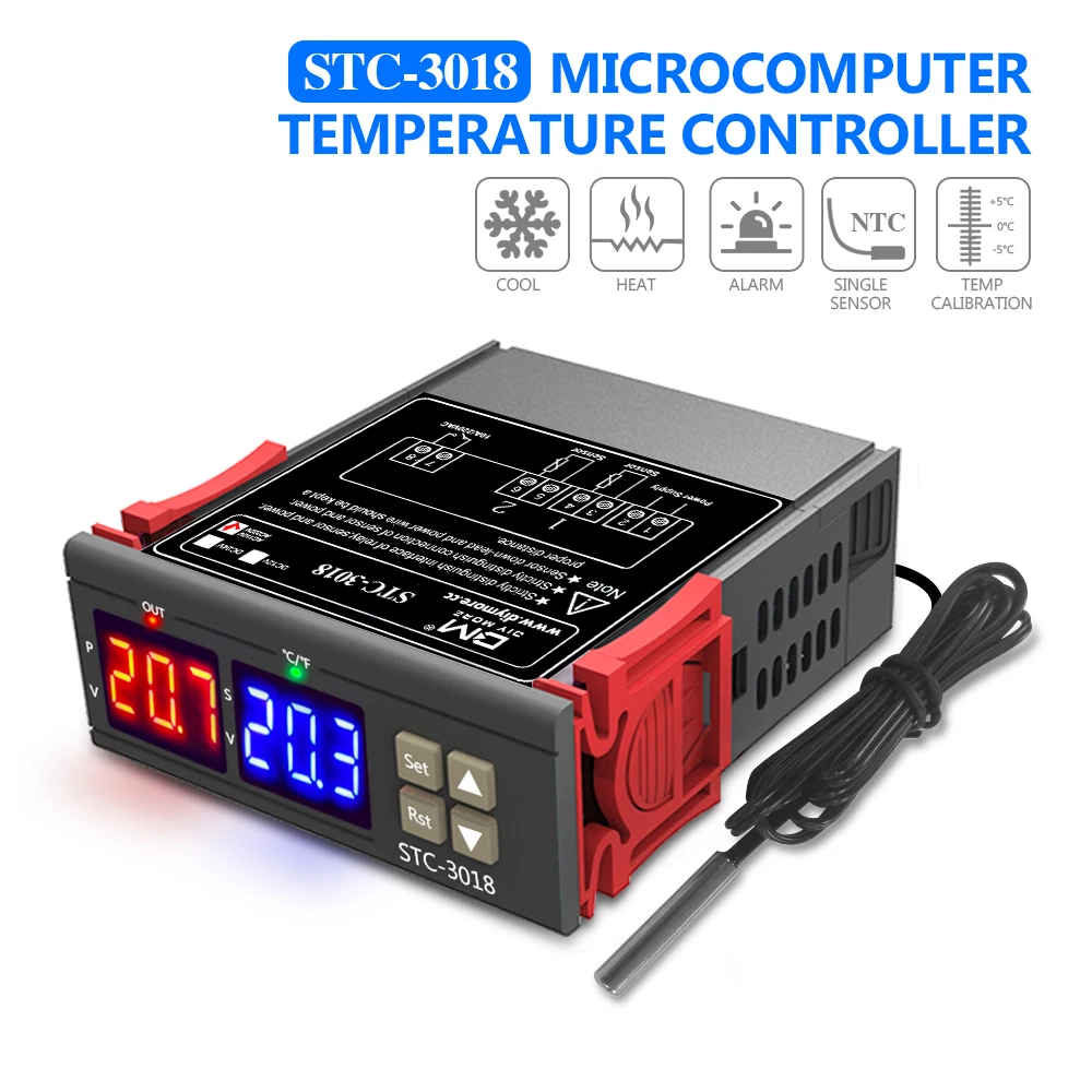 

STC-3018 AC 110V-220V Digital Temperature Controller Thermostat Thermometer Indoor Outdoor Temperature Calibration Red Blue LED