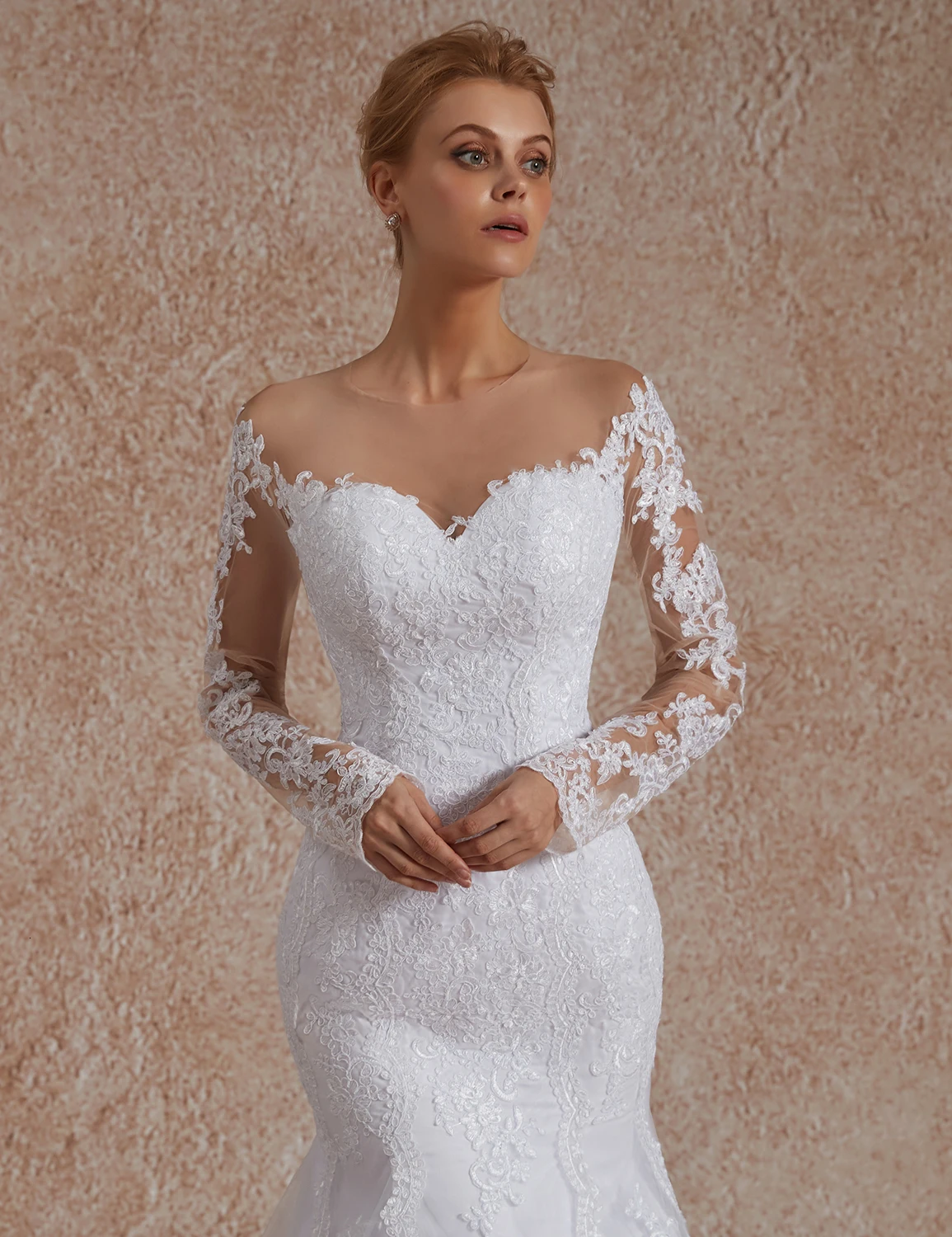 Vivian's Bridal модное свадебное платье из сетчатой ткани с длинными рукавами и кружевной аппликацией, свадебное платье со шлейфом