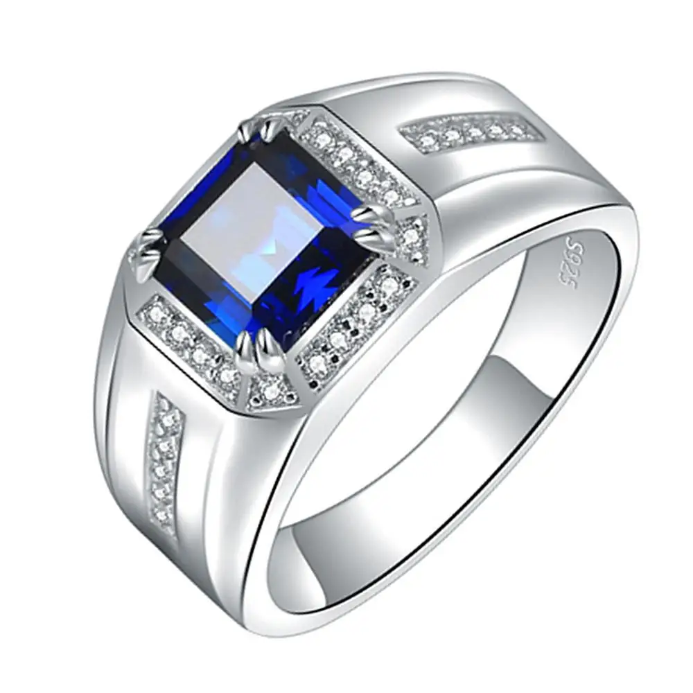 

Classical square blue crystal sapphire gemstones diamonds rings for men white gold silver color bague jewelry accessory gifts