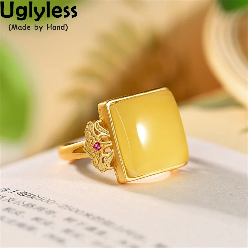 

Uglyless Simple Fashion Square Beeswax Rings for Women Natural Chicken Oil Amber Rings Hollow Ethnic Jewelry Gold Gemstones Ring