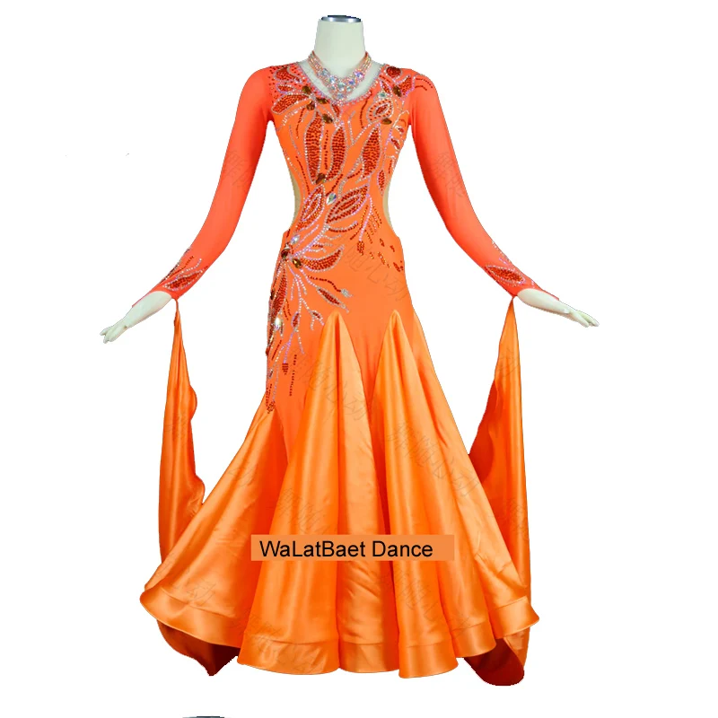 

International Standard Ballroom Dance Dress New Orange Crystal Professional Competition Modern Waltz Cha Cha Dress