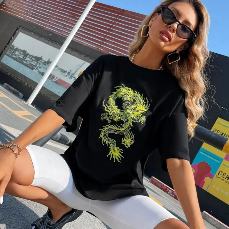 Футболка хлопковая с круглым вырезом коротким рукавом и принтом дракона |