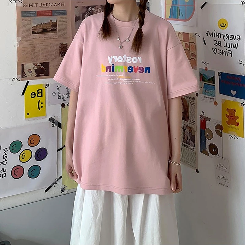 

INS Super Fire Harbor Style Pink Girl Short Sleeve T-shirt Summer Internet Celebrity Boyfriend Harajuku Style Student Loose Half