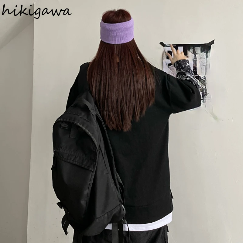 

Hikigawa Gothic Black Women Pullovers Fake Two Piece Men Tops for Female Korean Fashion Women's Sweatshirts Plus Size Hoodies