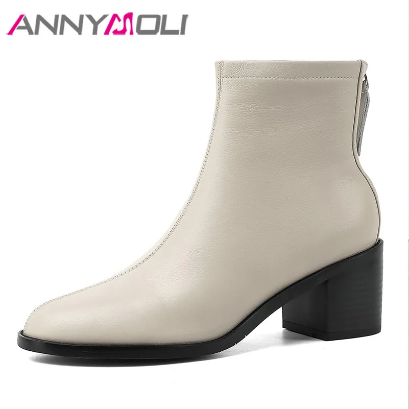 

Ботильоны ANNYMOLI женские из натуральной кожи, короткие ботинки на высоком каблуке, круглый носок, на толстом каблуке, на молнии, черные, размер...