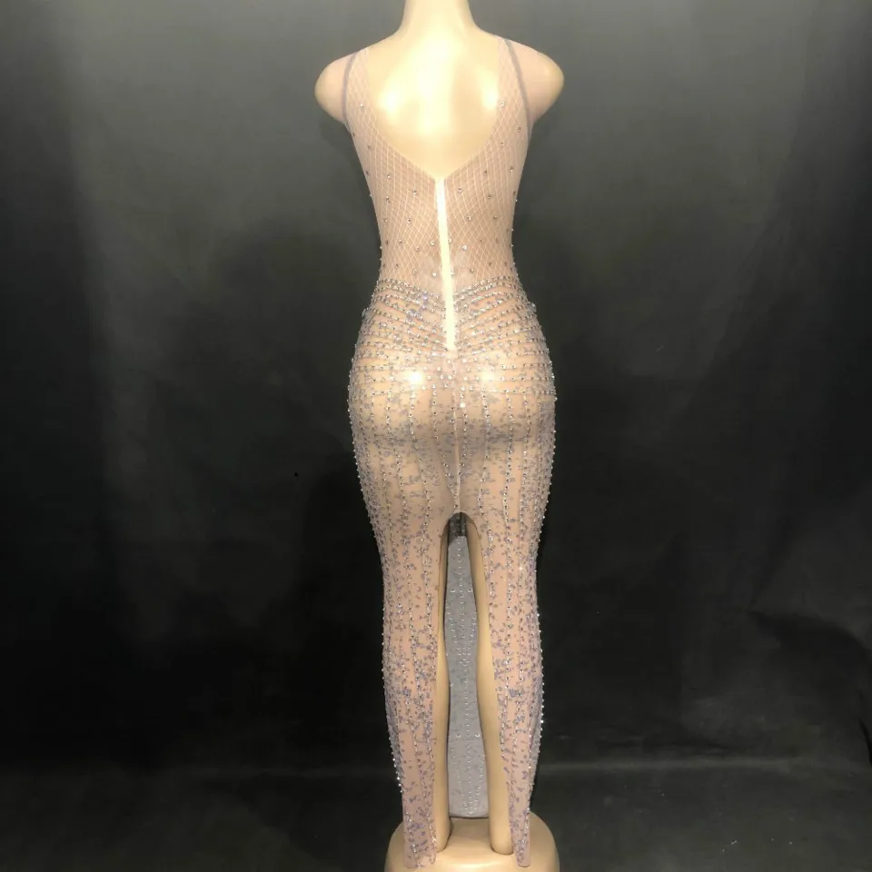 Sexy Bling Long Rhinestone bodycon Dress Women Net Yarn Sparkling Crystal Sleeveless Nightclub Party Dancer Singer Stage Wear |