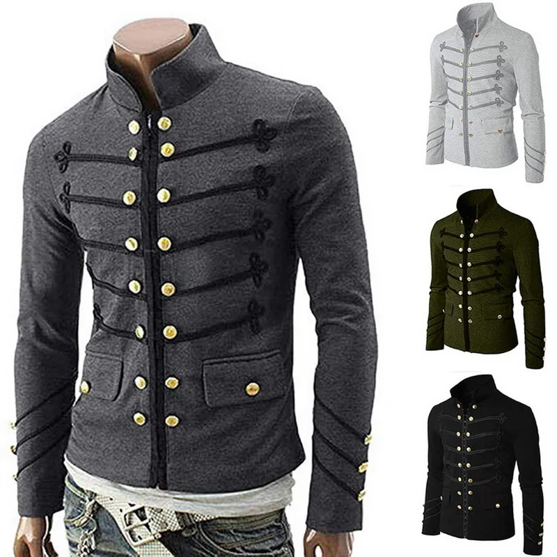 Men's Stand-Up Collar Gothic Jacket Coats Double Button Decorated Coats Uniform Costume Praty Coat Outwears Casual Streetwears