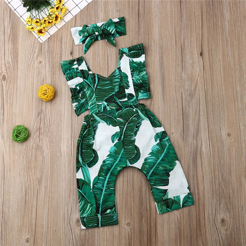 2pcs Baby Rompers Set Sleeveless Green Leaves Print Girls Outfits Toddler Hair Accessories Clothes | Детская одежда и обувь