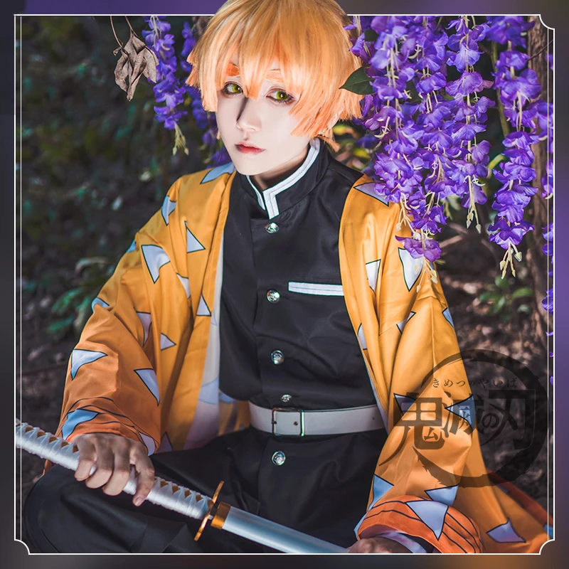 Японское аниме «убийца демонов», Kimetsu no Yaiba, костюмы для косплея, Agatsuma Zenitsu, полный комплект одежды, костюм на Хэллоуин