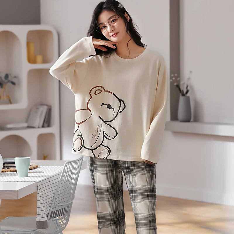 

Elegant Beige O-Neck Long Sleeve Women Winter Pajamas Set Cotton Oversized Homewear Women's Cute Little Bear Cartoon Sleepwear