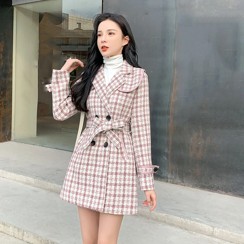 

2020 Winter Female Casual Turn Down Collar Long-sleeved Minimalist Panelled Plaid Lace Up Tweed Woolen Top Overcoat C777