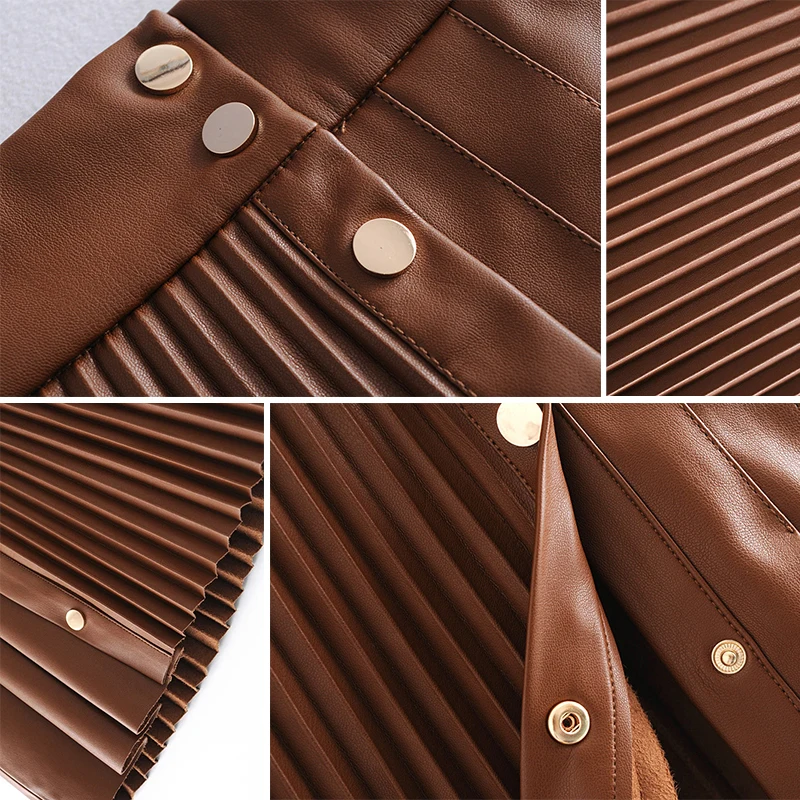 

Women Faux Leather Pleated Skirts Girls Dance Mini Skirt Plus Cashmere Fashion High Waist Faldas Mujer Buttons