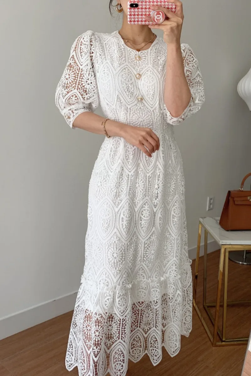 

Chic Lace Hollow Dress Women Korean 2021 New Puff Sleeve Round Neck Slim Waist Vacation Boho Dress A- Line Maxi Dress Summer