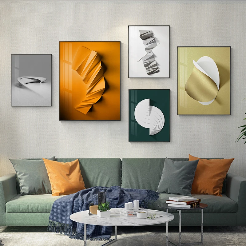 Абстрактное геометрическое искусство черный белый оригами Золотая фольга холст