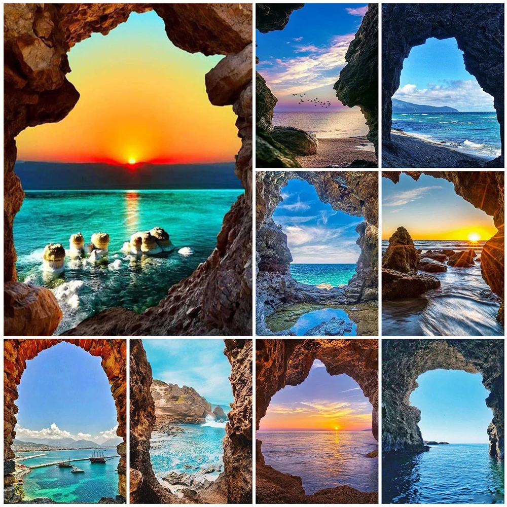 

Seascape Sunset Cross Stitch Diamond Art Painting Stone Door Landscape Embroidery Mosaic Full Drill 5D Diy Wall Decor