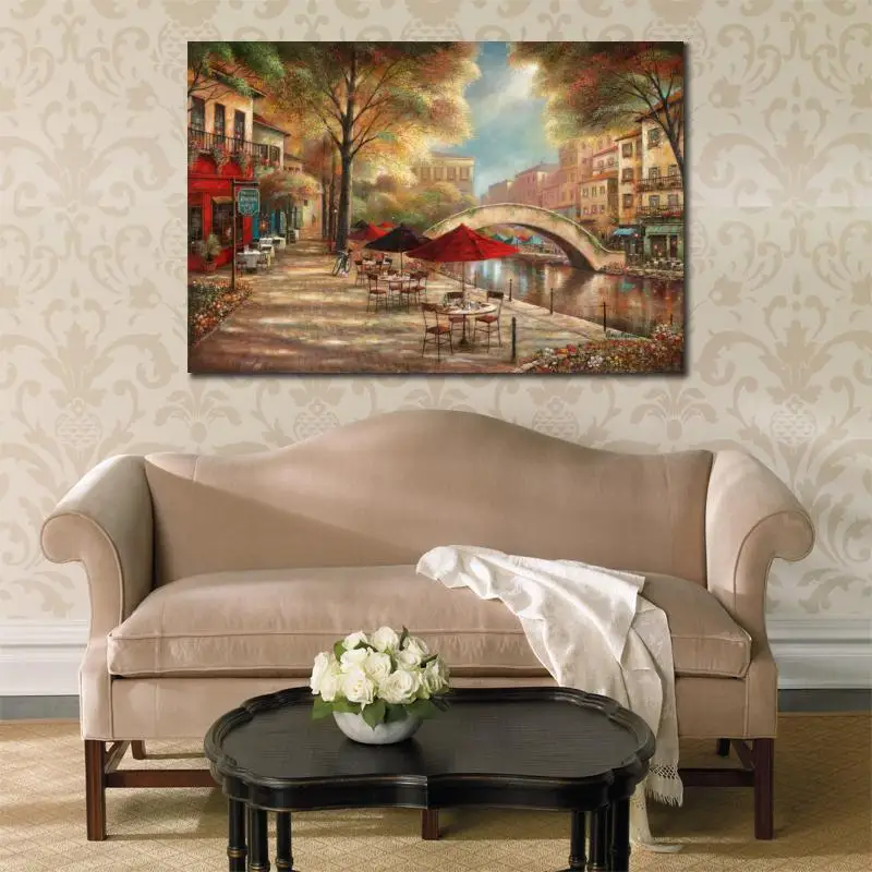 Wall Art Venice Landscape Artwork Oil Canvas Painting Riverwalk Cafe Ruane Manning Hand Painted Beautiful Coastal Architecture | Дом и сад