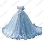 2022 Белое кружево светло-голубой тюль с открытыми плечами ТРАПЕЦИЕВИДНОЕ свадебное платье Принцесса с 3D цветочными фотографиями