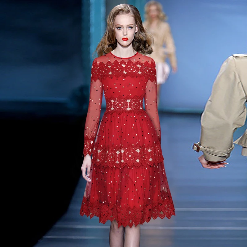 

2021 spring women embroidery red party dresses hollow out women runway blue dress