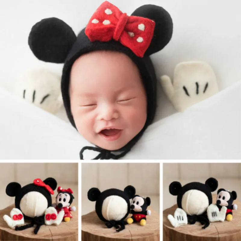 

Newborn Photography Props Baby Girl Bow Hat And Gloves Mouse Toys Infant Photo Shoot Accessories Full-moon Creative Props 1 Set