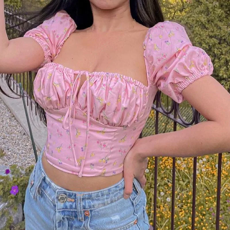 

Puff Sleeve Women Blouse 2021 Front Lace Up Little Floral Printed Short Sleeve Fashion Cropped Tops