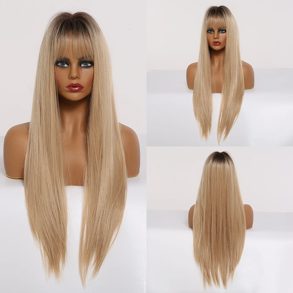 EASIHAIR женские длинные прямые черные и коричневые Омбре парики с челкой