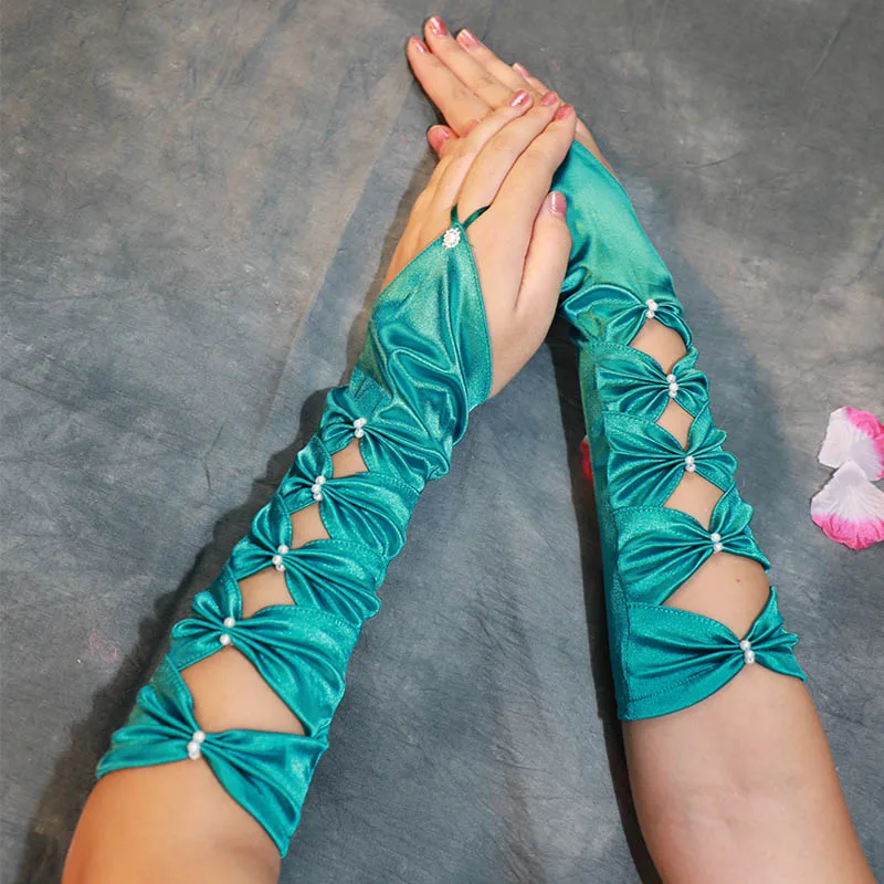 Длинные свадебные перчатки для невесты зеленые атласные женские до локтя